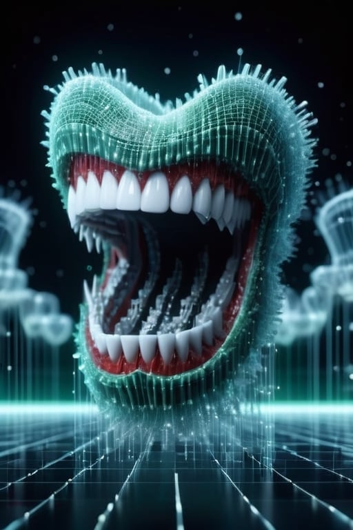 A ballet  of prothetic zirkonium teeth and natural teeth on stage,   a surrealistic scenery, cinematic, green Matrix, moody lighting, studio light teeth in the background ,3D Mesh,dissolving into pixels