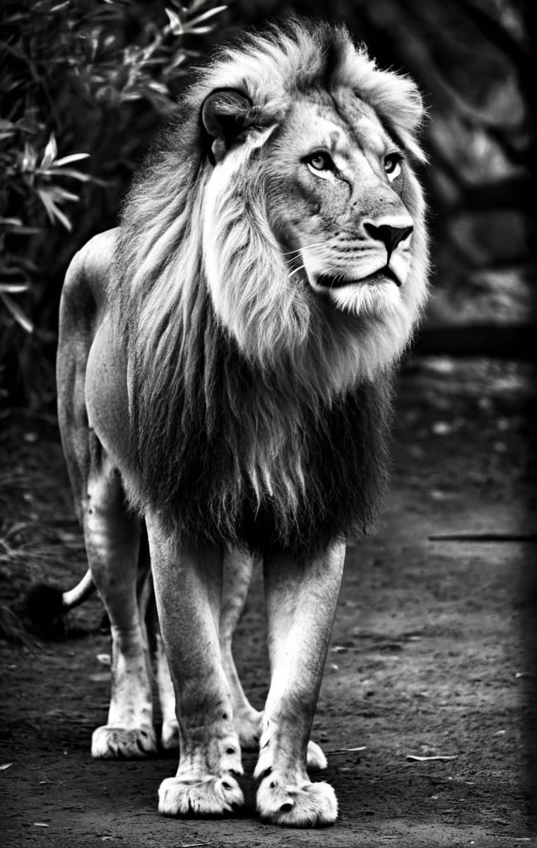  (photographic artwork) (monochrome  image 70s style black and white)  a full-body  portrait  of a  lion in a zoo, dark palette , transparent  fading,  resolution and contrast and colour contrast,  intricately textured and extremely subtle detailed,  detailmaster2,  side-light,  ultra quality,  fine artwork 