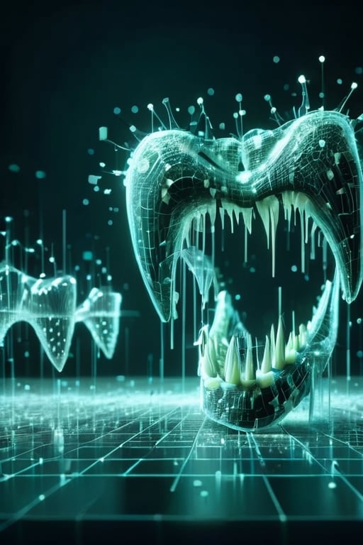 A ballet  of prothetic zirkonium teeth and natural teeth on stage,   a surrealistic scenery, cinematic, green Matrix, moody lighting, studio light teeth in the background ,3D Mesh,dissolving into pixels