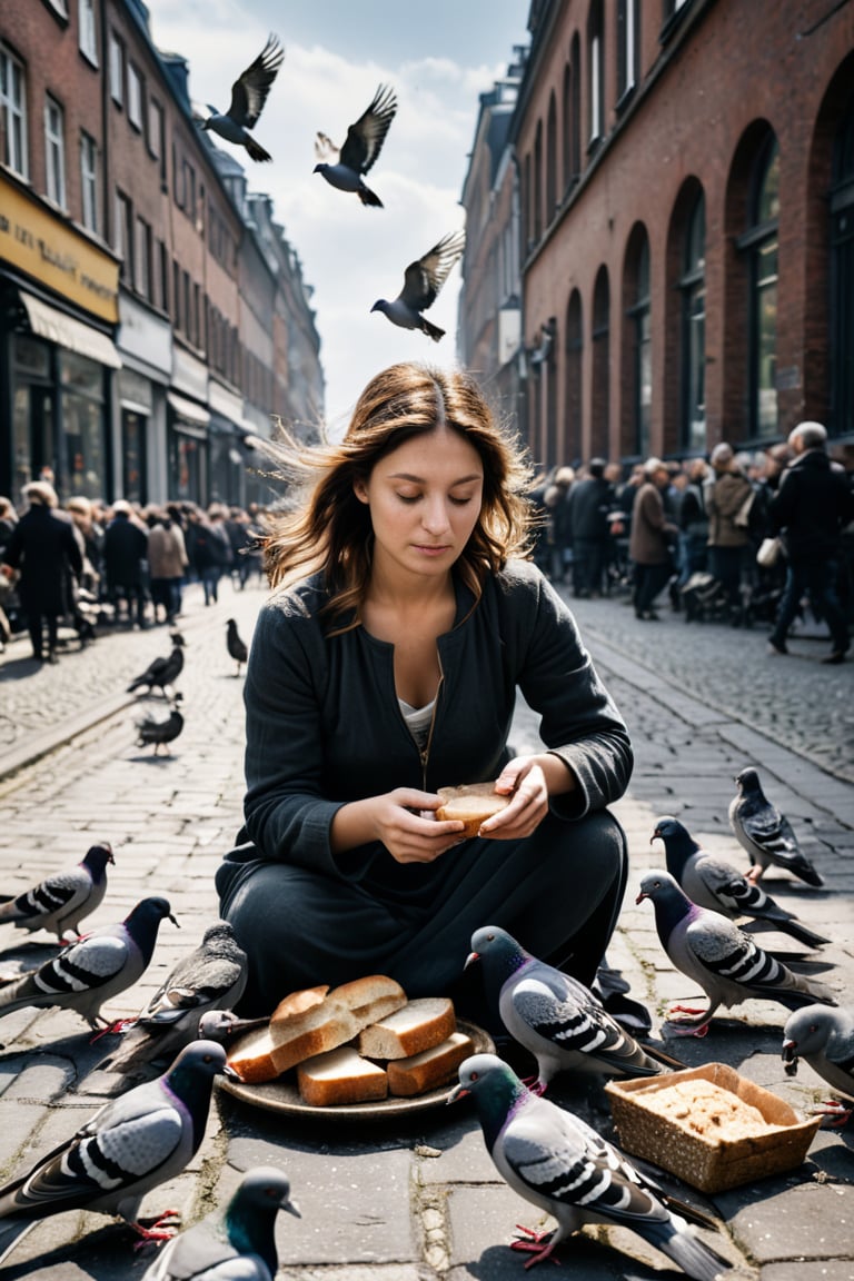 (Art photography) (an icarus woman feeds pigeons with bread pieces:1.9),  (at a very crowded place in Hamburg:1.3), dark  palette,  high resolution and contrast and colour contrast,  intricately textured and extremely subtle detailed,  detailmaster2,  side-light,  ray tracing shadows,  ultra quality,  fine artwork 