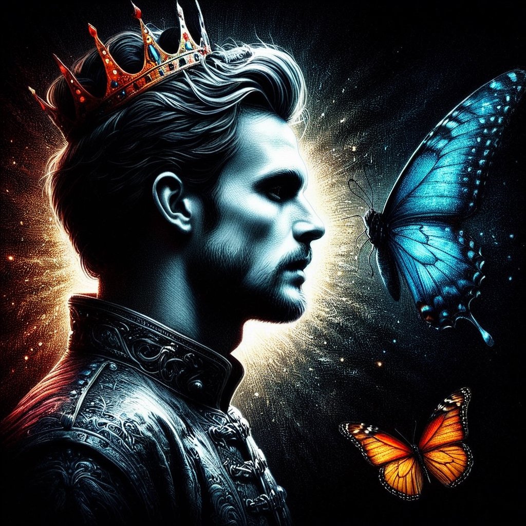 A man , a king who wishes becoming  a butterfly,  vivid palette,  moody lighting,  high resolution and contrast,  intricately textured and extremely detailed,  detailmaster2,  side-light,  best quality,  fine artwork,ink art