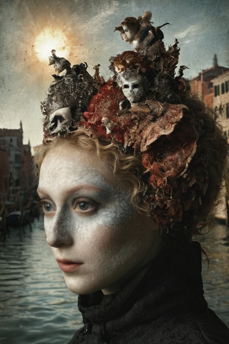 An infrared double-exposure  first shot the sunrise over a canale in Venice second shot 1 male and 1 female vis-a-vis in classical venetian carnival masking,  high resolution and contrast and colour contrast,  intricately textured and extremely subtle detailed,  detailmaster2,  backlight,  ultra quality,  fine artwork 