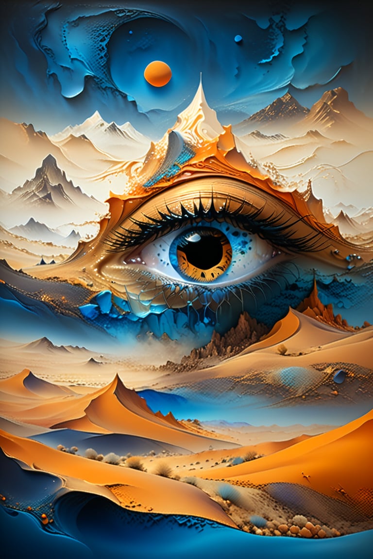 Some surrealistic dream world with eyes as mountains and blue desert with translucent  Bedouins , light-orange background,  drop shadows,  ultra quality,  fine artwork,  dark palette,  high resolution and contrast and colour contrast,  intricately textured and extremely subtle detailed,  detailmaster2,  side-light,  