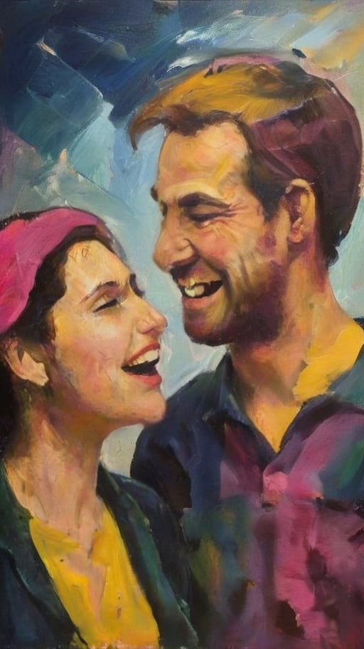 An expressive  scenery of1 man and 1 woman laughing at each other, dark palette, painted in tertiary colours,  pink/yellow background,  high contrast,  detailmaster2,  side-light,  ultra quality ,expressionist painting,palette knife painting,DonMD1g174l4sc3nc10nXL 