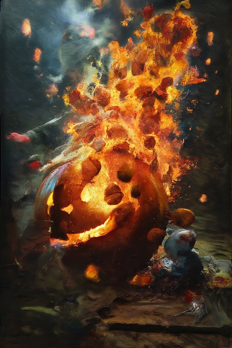 (((Art photography, National Geographic style,masterpiece)))_(((an exploding Jack-o-lantern. The pumkin explodes into pieces which burst in all directions  through the air:1.5)))_(((Jack the ghost in the background:1.4)))_dark palette, naturalistic colouring, dramatic lighting, irreal atmosphere, 
 intricately textured and extremely subtle detailed,  detailmaster2, high resolution  and contrast and colour contrast, 
 ultra quality,  fine artwork , epic vision,  deep focus 