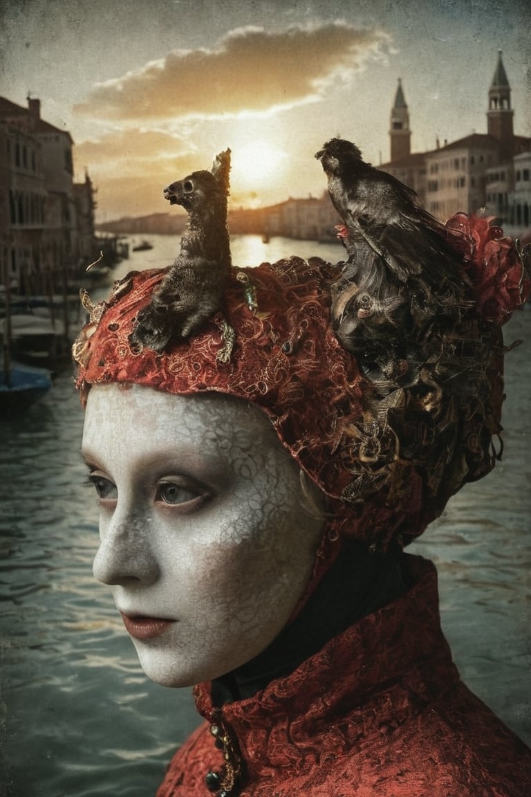 An infrared double-exposure  first shot the sunrise over a canale in Venice second shot 1 male and 1 female vis-a-vis in classical venetian carnival masking,  high resolution and contrast and colour contrast,  intricately textured and extremely subtle detailed,  detailmaster2,  backlight,  ultra quality,  fine artwork 