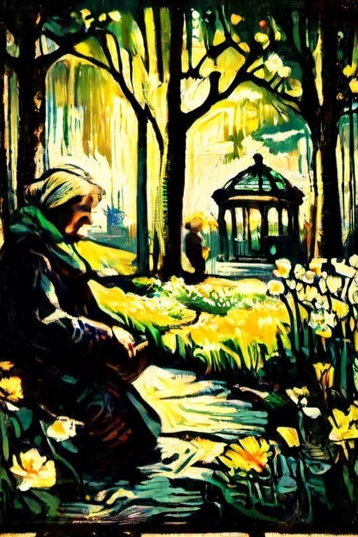 ( woodblock print design) 1 elderly woman bows down in the park, outdoors, to get a better smell of all the daffodils around,, dark palette, spring lighting, high colour contrast, high contrast, warm colours,  juicy green, 2D, ultra quality , intricately textured and detailed,digital painting,woodblock print,50s Poster