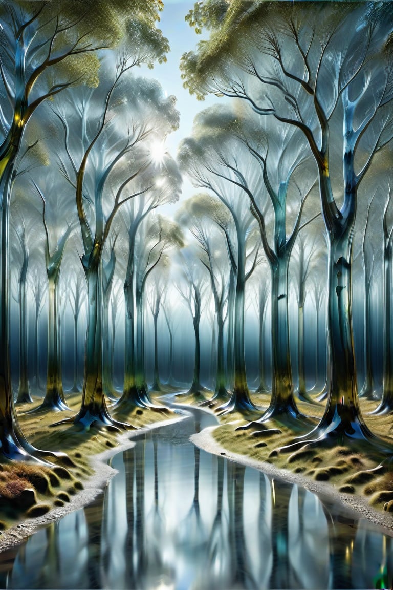 (On a walk in a wood of glass:1.3), (wonderful light reflections among the translucent glass trees_mystic structures,  a mystic place:1.5), dark palette,  high resolution and contrast and colour contrast,  intricately textured and extremely subtle detailed,  detailmaster2,  side-light,  ray tracing shadows,  ultra quality,  fine artwork 