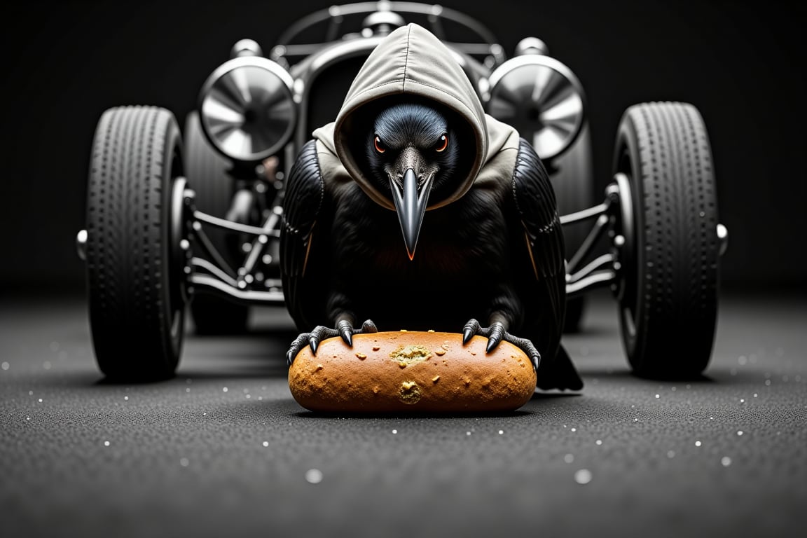 (((Black&white photography)))_(((Colour photography)))_(((Art photography, masterpiece)))_(((Epic full-body view of a hooded crow putting an old bread loaf before the wheels of a starting car1.7))), volumetric lighting,  dark palette, 28mm, t1/250, f14,  deep focus, high resolution and contrast and colour contrast,  intricately textured and extremely subtle detailed,  detailmaster2, side-light,  ultra quality,  fine artwork , Raw Photo