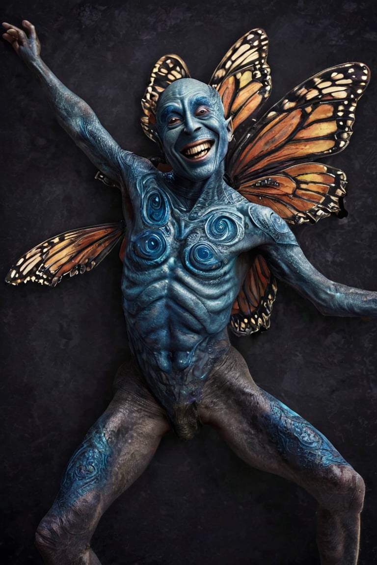 (Comic  Art) a male Alien with a funny swirled skin and amazing friendly smiling faces and empathy for living organisms dances together with a butterfly,  dark palette, high  resolution and contrast and colour contrast,  intricately textured and extremely subtle detailed,  detailmaster2,  side-light,  ultra quality,  fine artwork 