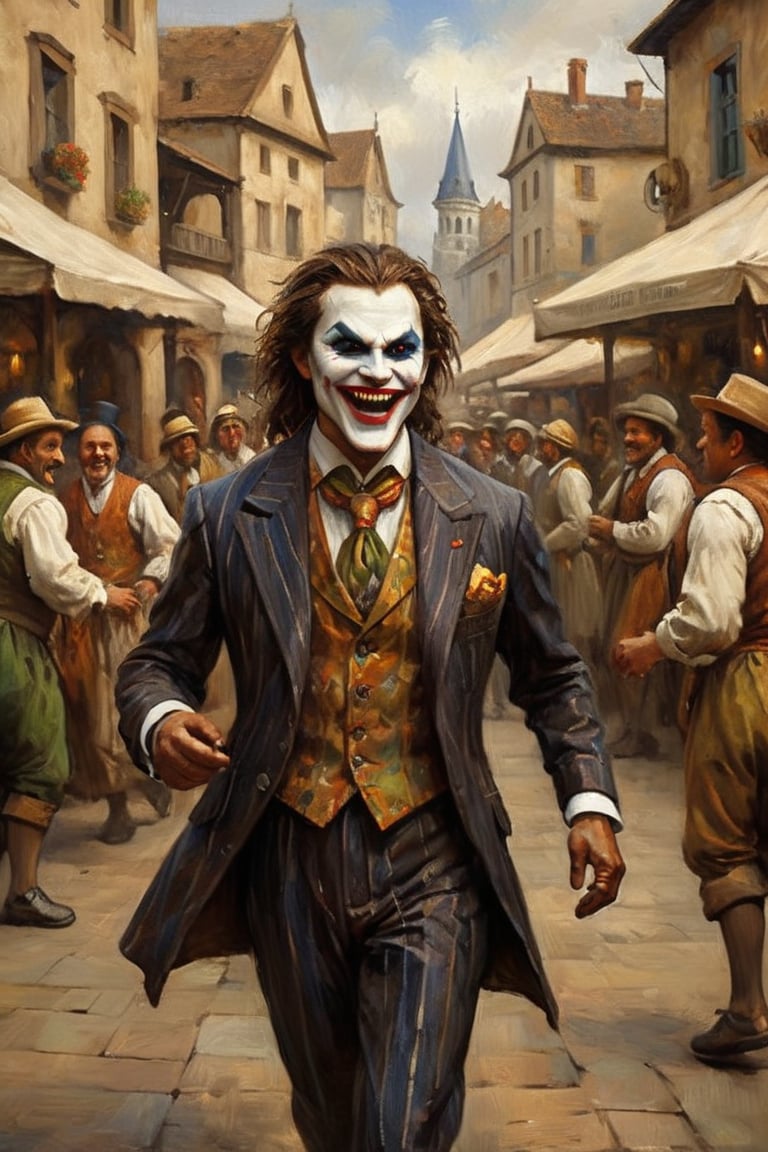 (Oil painting,  masterpiece time travel style) dramatic scene 2 angry grinning Harlekin dancing on a marketplace wearing elegant men's suits but Renaissance make-up, first person view,  dark palette,  high resolution and contrast and colour contrast,  intricately textured and extremely subtle detailed,  detailmaster2,  side-light,  ultra quality,  fine artwork 