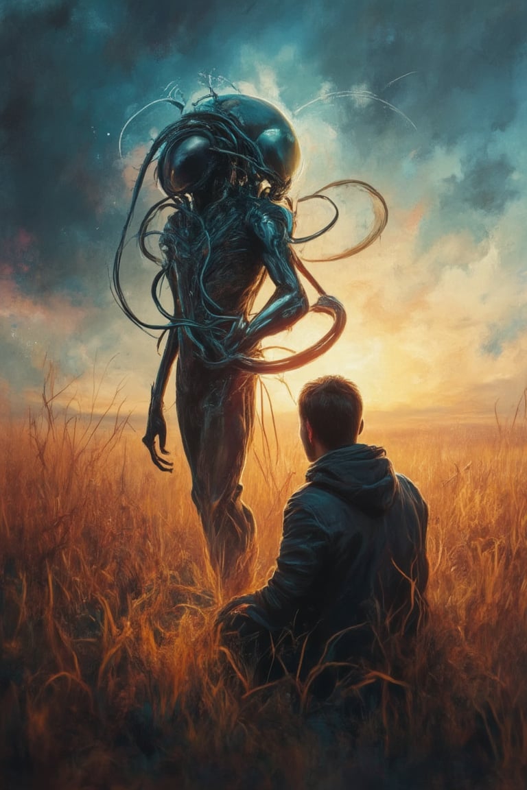 (((Coloured Pencil drawing, masterpiece)))_(((A cyberpunk style alien meeting Jack the ghost  in the early morning on an open field:1.7)))_volumetric lighting, dramatic atmosphere, dark palette, 28mm, t1/250, f14,  deep focus, high resolution and contrast and colour contrast,  intricately textured and extremely subtle detailed,  detailmaster2, side-light,  ultra quality,  fine artwork , Raw Photo