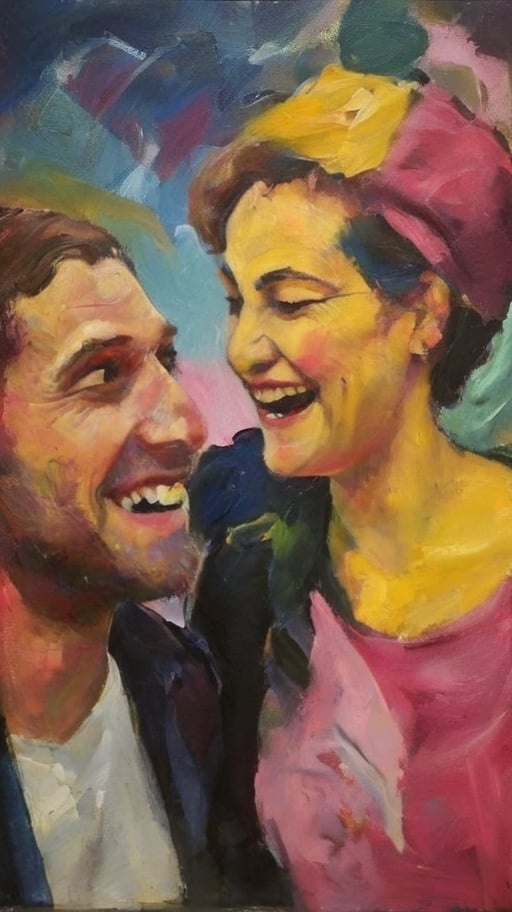 An expressive  scenery of1 man and 1 woman laughing at each other, dark palette, pink/yellow background,  high contrast,  detailmaster2,  side-light,  ultra quality ,expressionist painting,palette knife painting,DonMD1g174l4sc3nc10nXL 