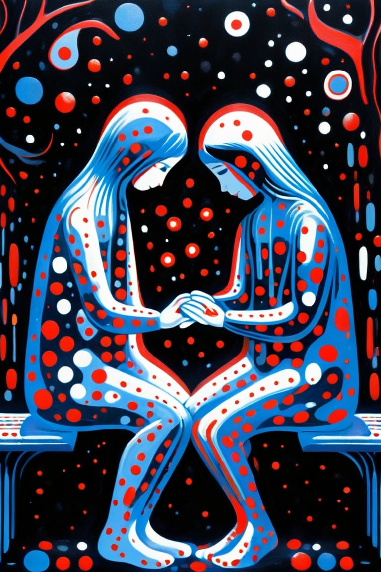 (Minimalism) a Yayoi Kusama style minimalist painting of 2 young lovers sitting and holding hands on a parc bench, dark palette,  high resolution and contrast and colour contrast,  intricately textured and extremely subtle detailed,  detailmaster2,  side-light,  ultra quality,  fine artwork 