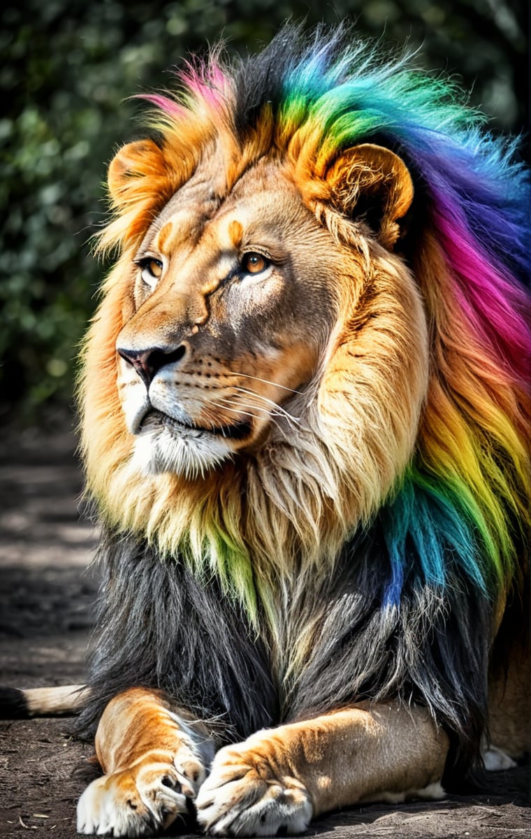  (photographic artwork) (monochrome  image 70s style black and white and rainbow colours)  a full-body  portrait  of a  lion with a rainbow coloured  mane in a zoo, dark palette , transparent  fading,  resolution and contrast and colour contrast,  intricately textured and extremely subtle detailed,  detailmaster2,  side-light,  ultra quality,  fine artwork 