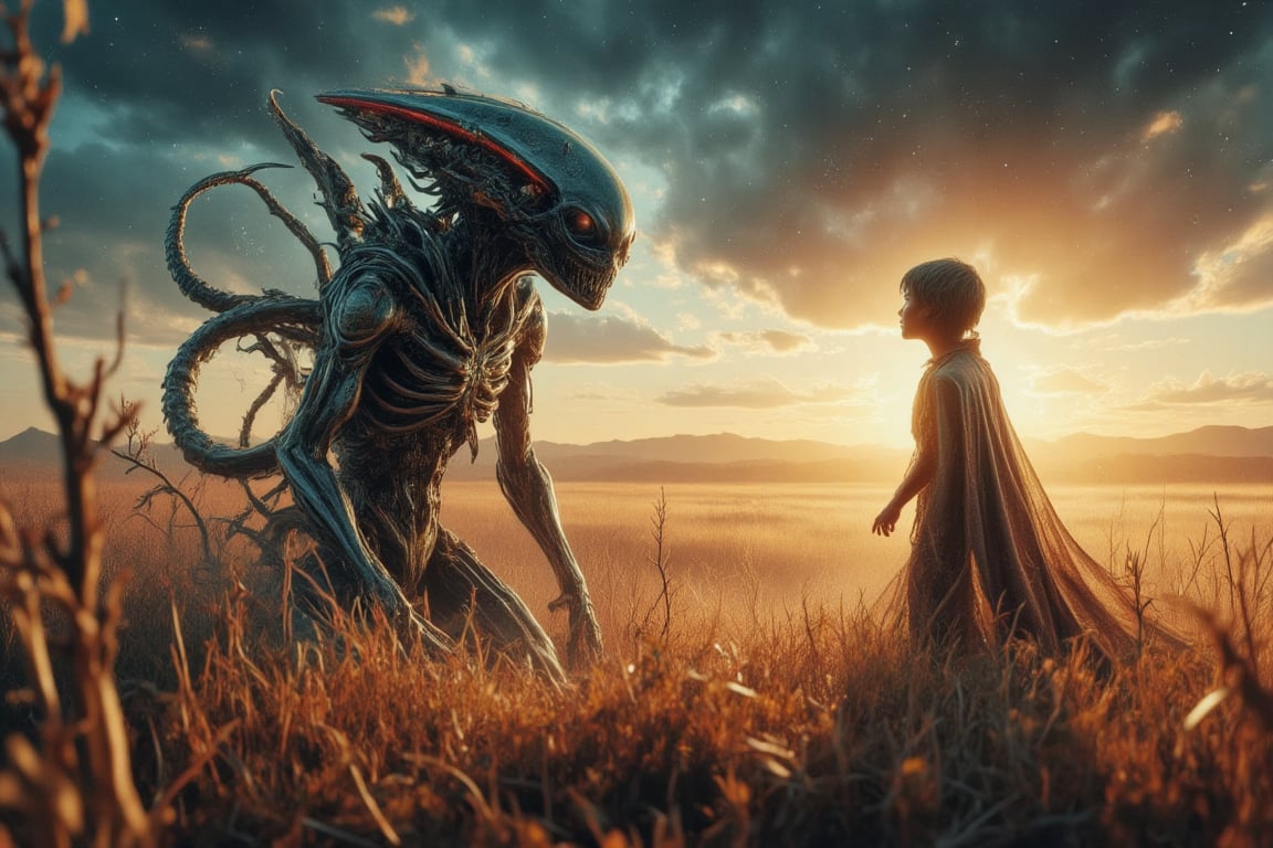 (((Coloured Pencil drawing, masterpiece)))_(((A cyberpunk style alien meeting Jack the ghost  in the early morning on an open field:1.7)))_volumetric lighting, dramatic atmosphere, dark palette, 28mm, t1/250, f14,  deep focus, high resolution and contrast and colour contrast,  intricately textured and extremely subtle detailed,  detailmaster2, side-light,  ultra quality,  fine artwork , Raw Photo