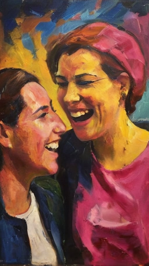 An expressive  scenery of1 man and 1 woman laughing at each other, dark palette, pink/yellow background,  high contrast,  detailmaster2,  side-light,  ultra quality ,expressionist painting,palette knife painting,DonMD1g174l4sc3nc10nXL 