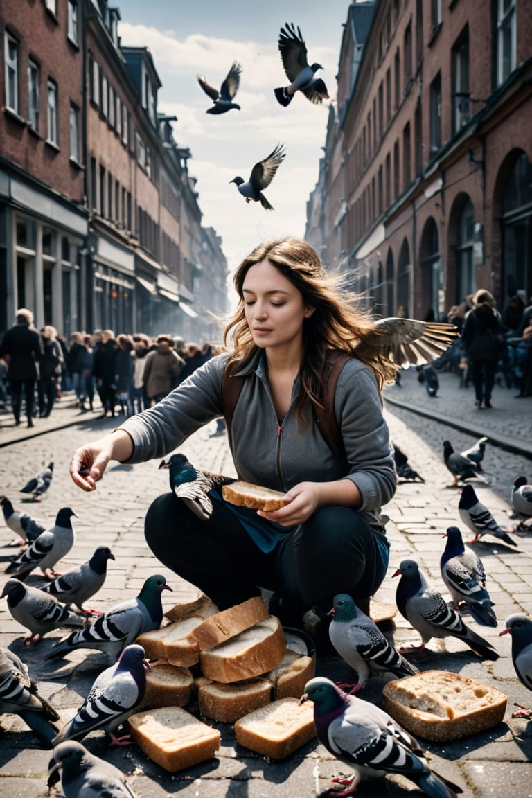 (Art photography) (an icarus woman feeds pigeons with bread pieces:1.9),  (at a very crowded place in Hamburg:1.3), dark  palette,  high resolution and contrast and colour contrast,  intricately textured and extremely subtle detailed,  detailmaster2,  side-light,  ray tracing shadows,  ultra quality,  fine artwork 