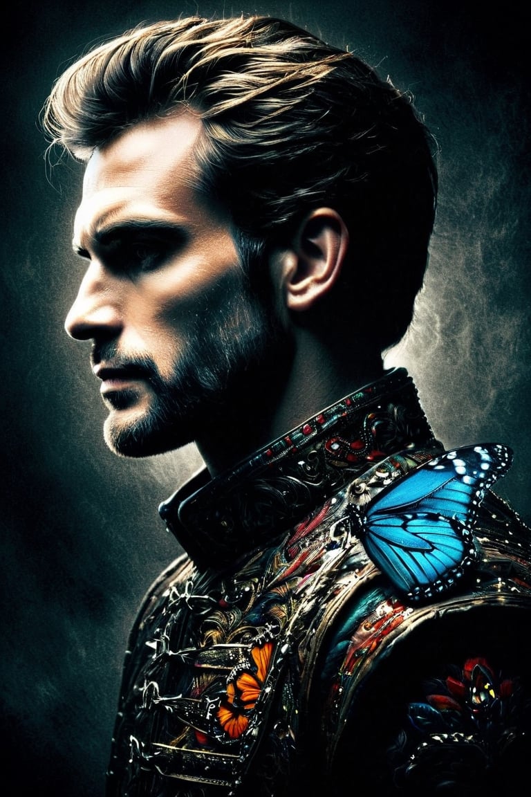 A man , a king who wishes becoming  a butterfly,  vivid palette,  moody lighting,  high resolution and contrast,  intricately textured and extremely detailed,  detailmaster2,  side-light,  best quality,  fine artwork,ink art