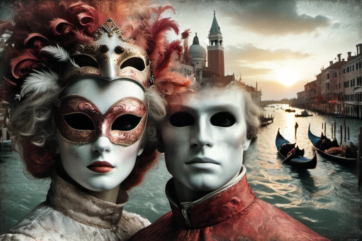 An infrared double-exposure  first shot the sunrise over a canale in Venice second shot 1 male and 1 female vis-a-vis in classical venetian carnival masking,  high resolution and contrast and colour contrast,  intricately textured and extremely subtle detailed,  detailmaster2,  backlight,  ultra quality,  fine artwork 