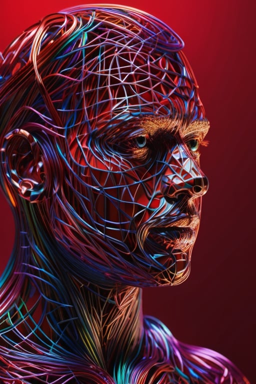 (Line Art), a chaotic entanglement of glass wire forming a proud man's head, ultra-detailed,  8k rendered,  detailmaster2 , scarlet background,  ,3D Mesh,3D mesh digital Matrix,Amidst the dynamic world of 3D design,crystalz,Movie Still,Colorful Binary Code Energy,xlinex