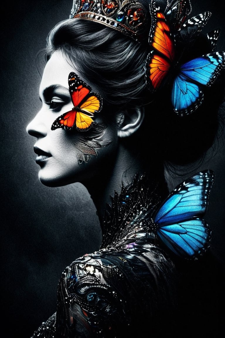 A woman , a queen who wishes becoming  a butterfly,  vivid palette,  moody lighting,  high resolution and contrast,  intricately textured and extremely detailed,  detailmaster2,  side-light,  best quality,  fine artwork,ink art