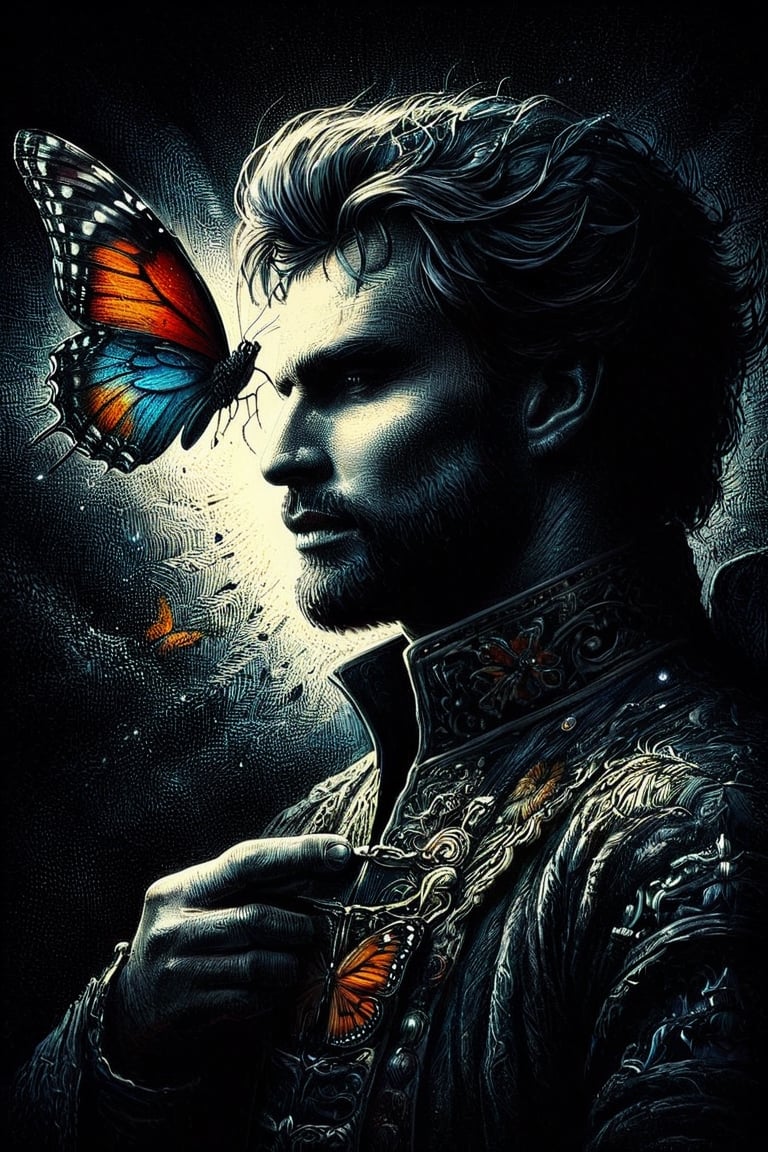 A man , a king who wishes becoming  a butterfly,  vivid palette,  moody lighting,  high resolution and contrast,  intricately textured and extremely detailed,  detailmaster2,  side-light,  best quality,  fine artwork,ink art