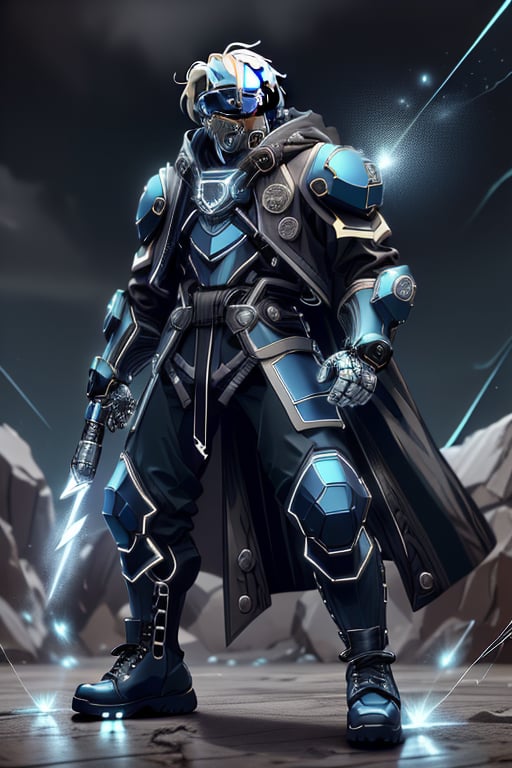 male figure with medium white hair. lean athletic body, ((black long coat jacket)), blue riot armor, ((combat pants, combat boots, blue visor, mouthcover)), blue Tron lines. lightning and electricity sparking around, blue gauntlets, ledarraytech 