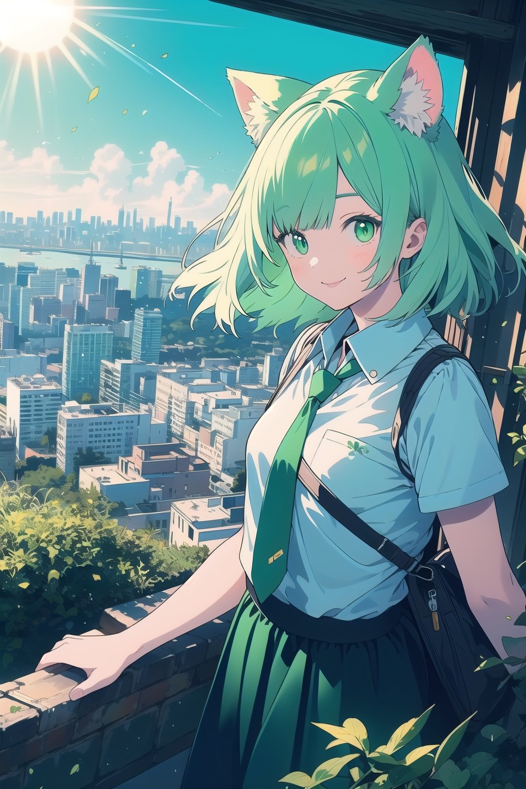 realistic, cute, pretty, cat_girl, green_hairs, skirt, city, sun, shirt, smile, green_tie,green theme,portrait,masterpiece