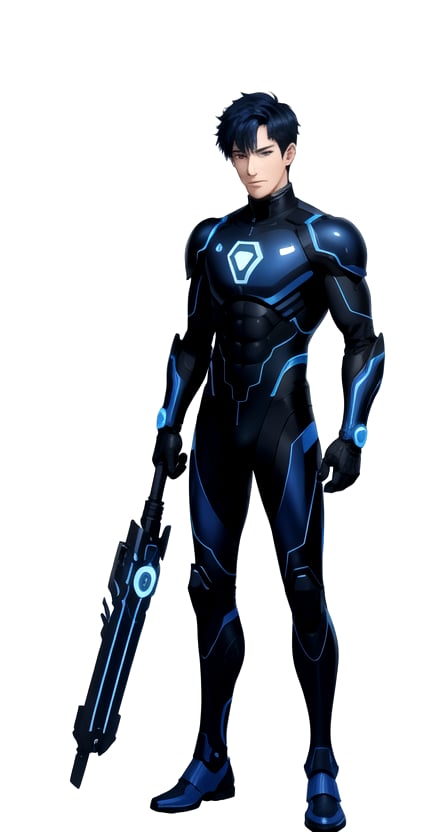 centered, digital art, character concept, cybernetics, artifical intelligence | 1boy, (young adult man), solo, full body, standing, | short man hairstyle, dark blue hair color, dark blue eyes, (looking at viewer:1.2), | dark blue neon armor tight suit, pauldrons, armored tights, neon thigh highs boots, | hyperealistic shadows, detailed outfit, | (white background:1.2), (simple background), | 