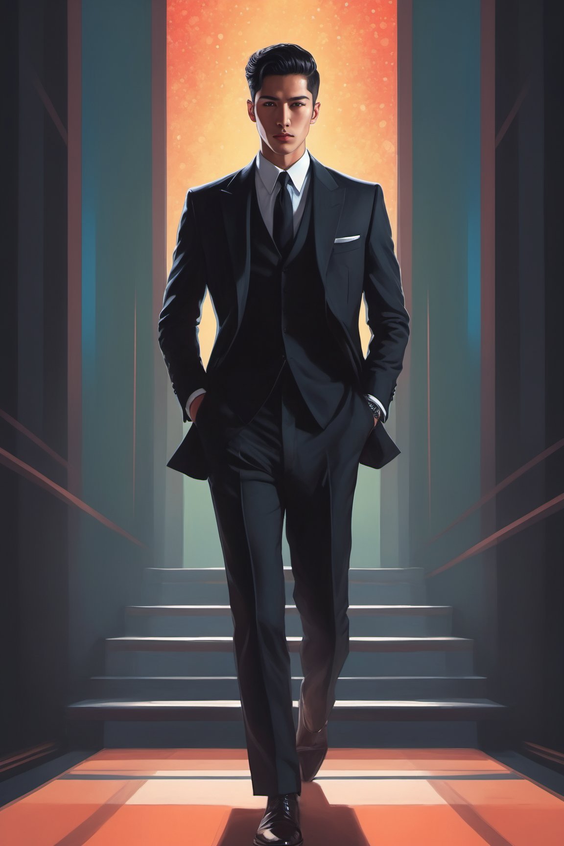 centered, digital art, 1940's retro sci-fi style painting depicting a beautiful human man, | full body 3/4 profile pose, legs apart, arms outstretched, focused face, looking directly at us| black hair, handsome male, man, black shirt black tie black suit, yakuza, secret agent, spy | black background, simple background, | depth of field, bokeh, | smooth detailed shadows, hyperealistic shadows, (saturated colors:1.2) |