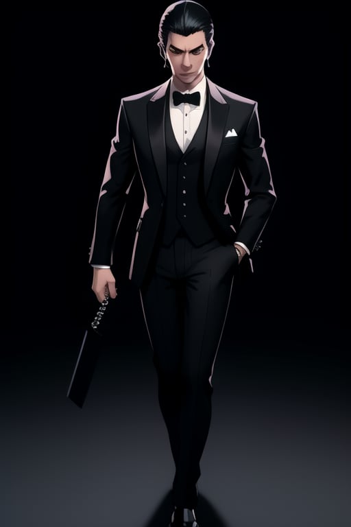 centered, digital art, full body portrait, focused face, | black hair, male, man, tuxedo suit, yakuza, | black background, simple background, | depth of field, bokeh, | smooth detailed shadows, hyperealistic shadows, (saturated colors:1.2) |