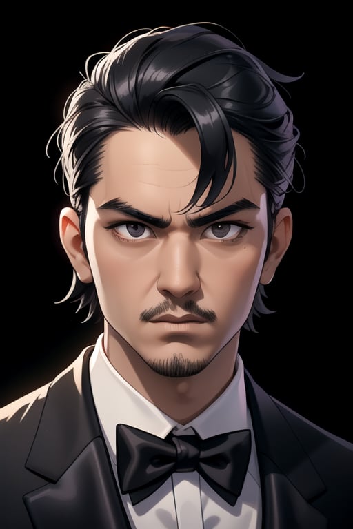 centered, digital art, face portrait, focused face, | black hair, male, man, tuxedo suit, yakuza, | black background, simple background, | depth of field, bokeh, | smooth detailed shadows, hyperealistic shadows, (saturated colors:1.2) |