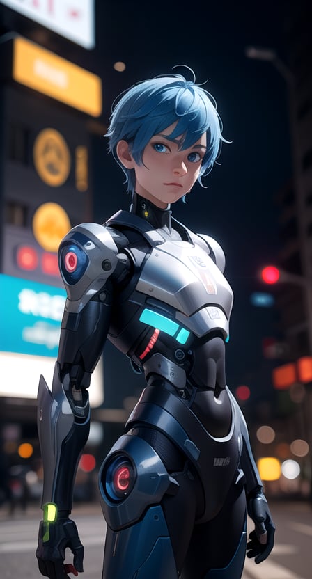 centered, digital art, 3d, 3d model, render, | (looking at viewer:1.2), solo, boy, blue eyes, blue hair, cyborg armor, | futuristic city, neon lights, urban scenery, | bokeh, depth of field, blurred background,