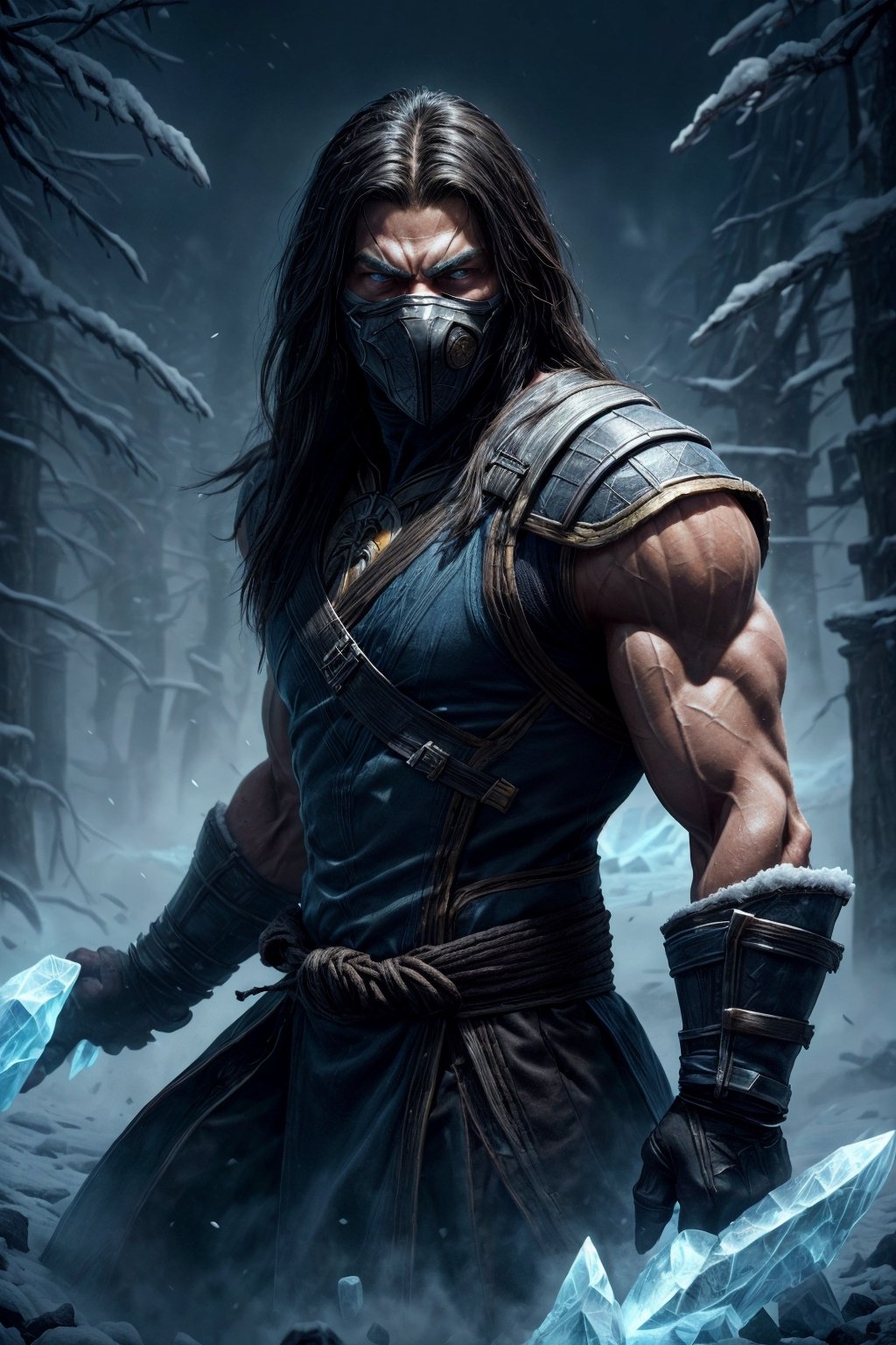 Photographic realistic masterpiece HDR high quality image, perfect high detailed image, 
draw 1 man from mortal kombat. He possesses a ice magic and realeases frost aura in a dark fantasy world." 
young man, long hair, muscular,