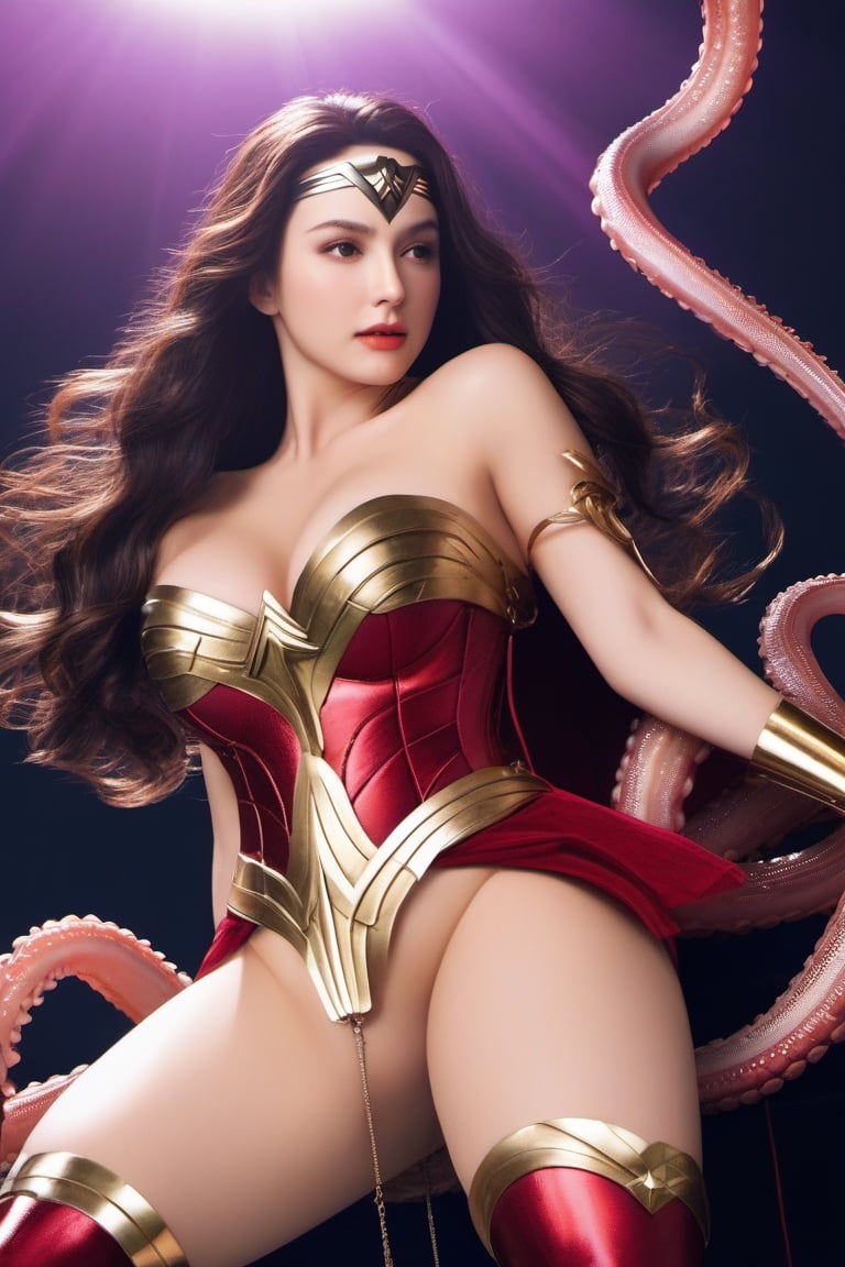 1girl, masterpiece, top quality, 8K, detailed skin texture, detailed cloth texture, beautiful detailed face, intricate details, ultra Details, (huge breasts:1.6), wonder woman uniform, sorrel fluffy hair, blushing, Lots of tentacles, tentacle, tentacle_sex, entangled, suspended, bondage, bondaged, roped, tied, penetrating sex, anal, (anal_insertion), So many tentacles, (( surrounded by tentacles )), wet body, (spread_legs), ((vaginal_insertion:1.5)), (ejaculate:1.5), (screaming), warm lighting, (((perfect composition))), (copious sweat:1.5), suspended_in_air, viewed_from_behind, side_view,