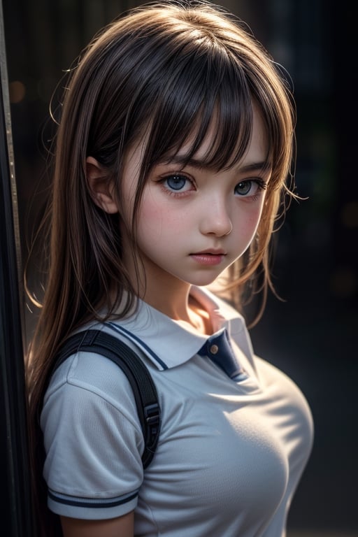 a 10 yeras old preteen teenage, loli with big breasts, PE Uniform, (bottomless), (totale dark background), 1girl, masterpiece, best quality, high resolution, 8K, HDR, bloom, raytracing, detailed shadows, bokeh, depth of field, film photography, film grain, glare, (wind:0.8), detailed hair, beautiful face, beautiful girl, ultra detailed eyes, cinematic lighting, (hyperdetailed:1.15), , little_cute_girl, 1girl, 