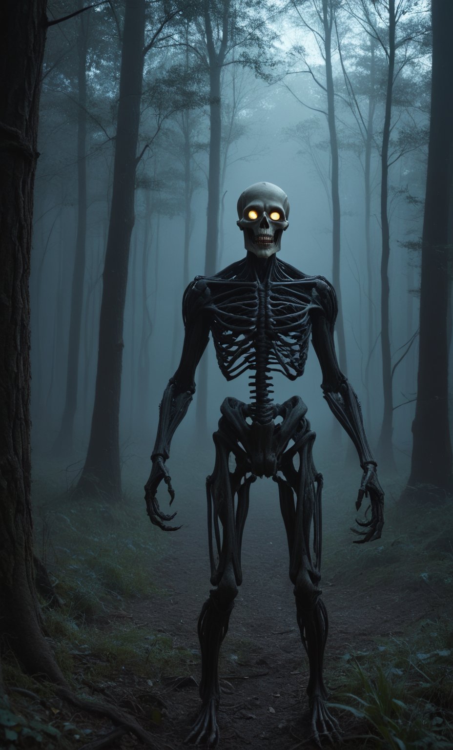 eerie, menacing expression, the figure is made of swirling shadows and ethereal blue light, skeletal appearance, the figure is holding a skull with elongated, claw-like fingers, otherworldly body, no clothing discernible, dense forest background, tall trees, eerie green-blue light, slight fog, spooky and dark atmosphere, mysterious, supernatural creature, dramatic and intense lighting, shadows enhancing the terrifying effect, artistry creating a sense of unease and horror.