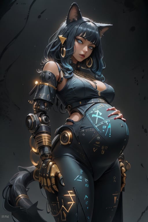 masterpiece, ultra hd, 8k,hdr, dynamic , blue eyes , hyper realistic, detailed background, finely detailed_body, big_boobs , fullbody, pregnant mother, very long hairstyle, (dark blue hair color:1.2), (bright eyes:1.1), | symetrical crown, egyptian, egyptian clothes , egypt godess ,egypt , hecate , fox_ears , seethru , Animal ear, perfecteyes , ,Detailedface,Detailedeyes,mechanical_arms,cybernetic_enhancements,GlowingRunes_yellow,dessert,sand,ActionFigureQuiron style