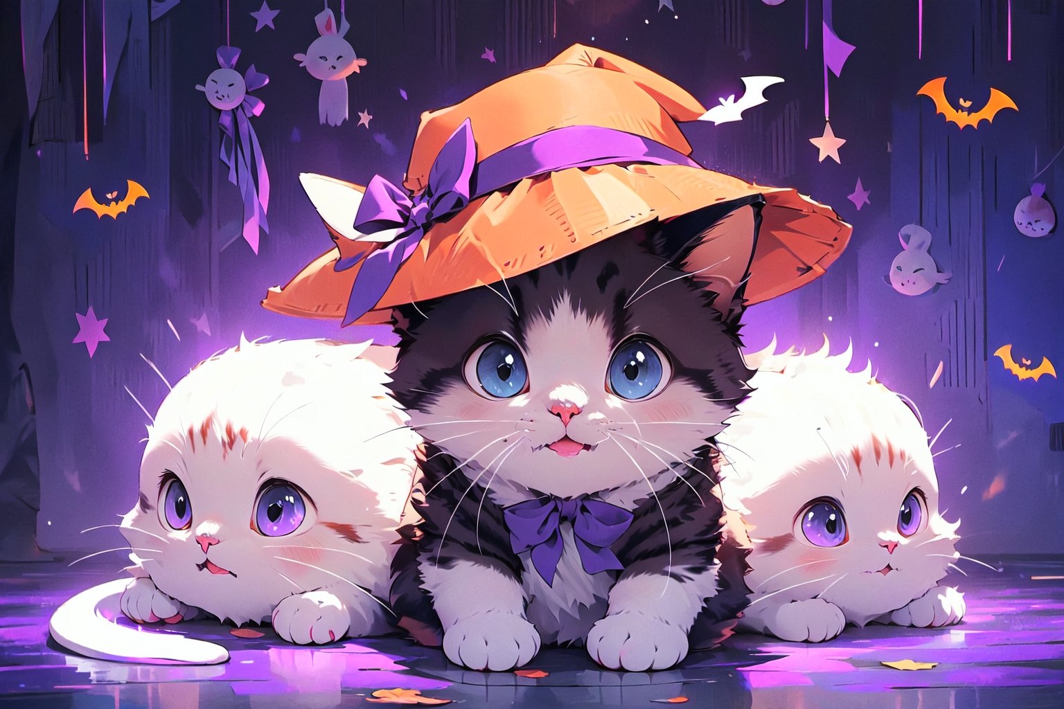 (best quality:1.2),EpicMeo,EpicGhost,cat, hat, dress shirt, white cat,halloween style, purple theme,EpicArt