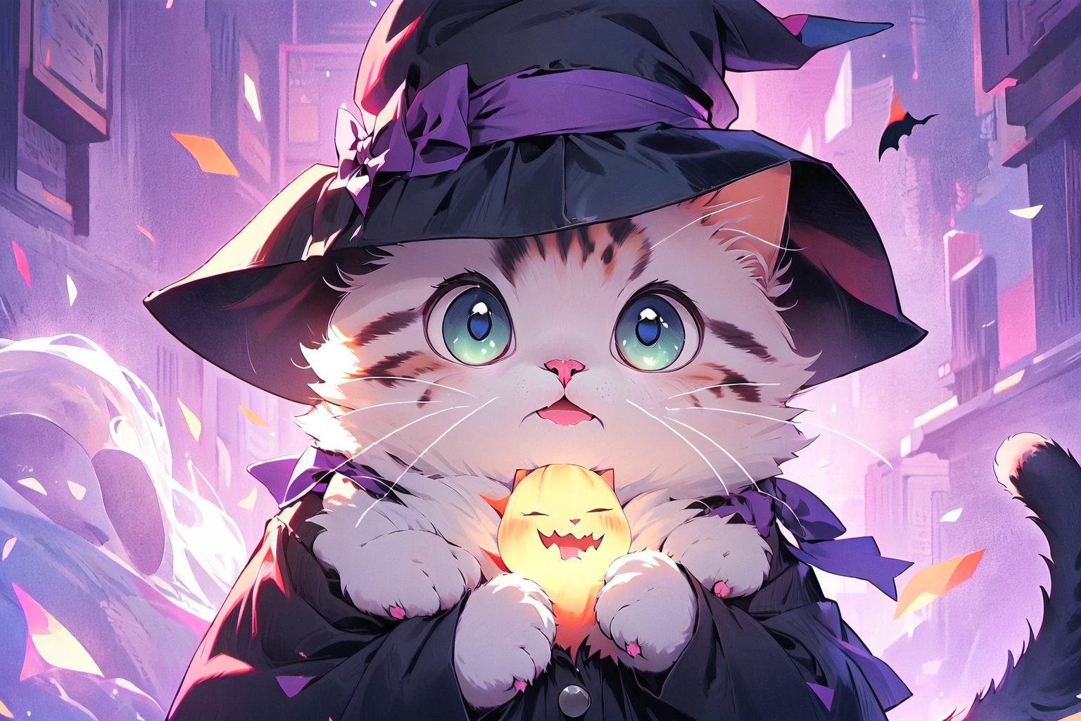 (best quality:1.2),EpicMeo,EpicGhost,cat, hat, dress shirt, white cat,halloween style, purple theme,EpicArt