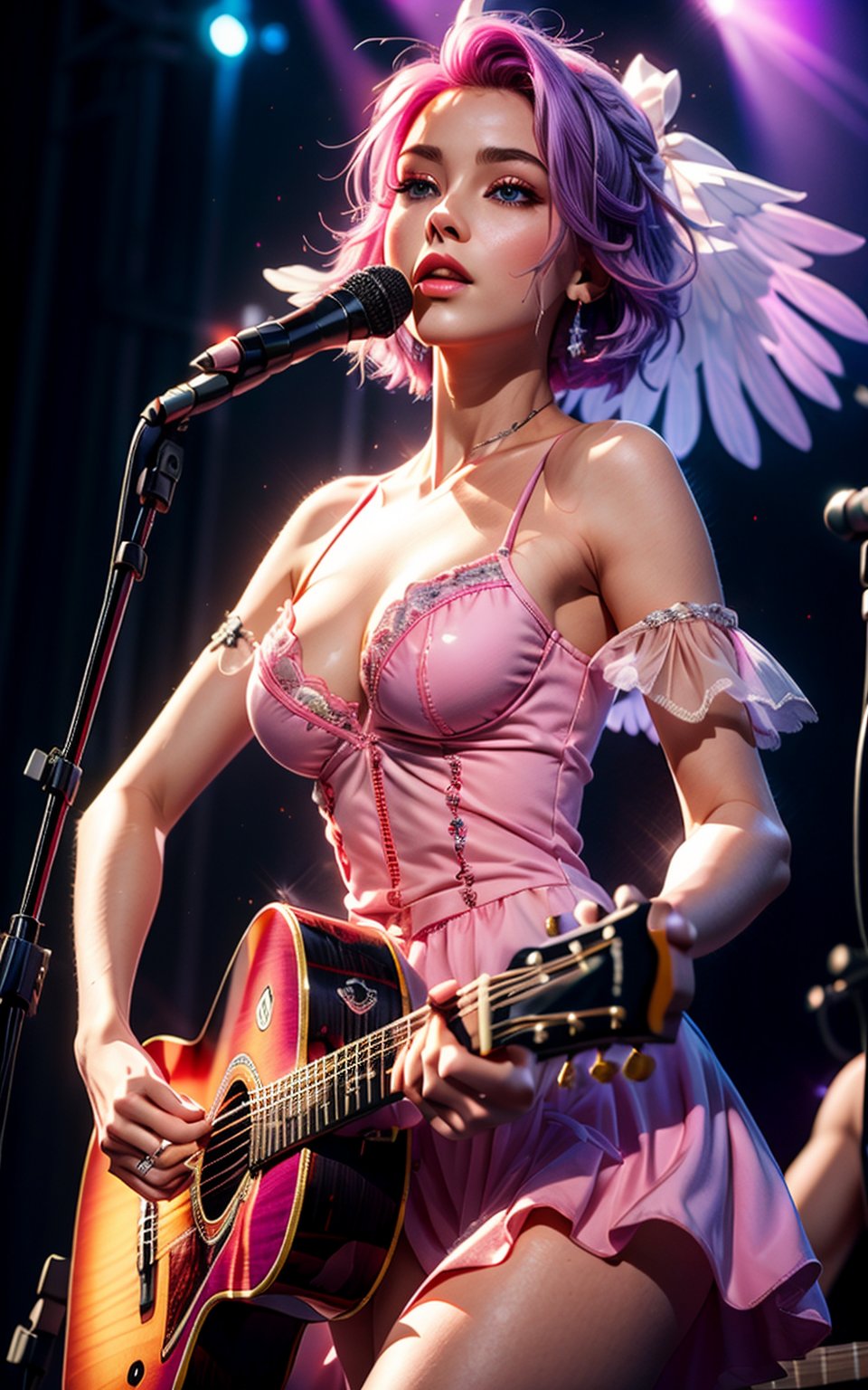 Masterpiece, best quality, stunning, textures, breathtaking beauty, pure perfection, divine presence, auras, rays, vivid color reflects, bare_shoulder, bare_torso, guitarist playing guitar on stage wearing a white see through dress, medium_breast, pink and purple hair