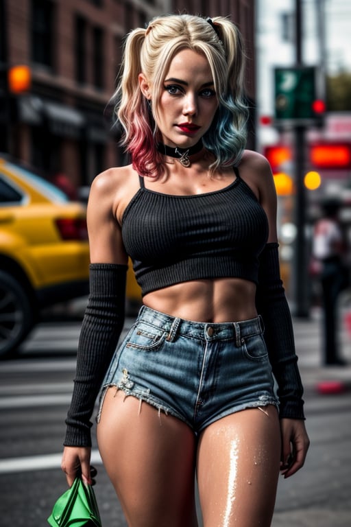 Beautiful, best quality, ultra high res, (photorealistic:1.4), 1girl, Harley Quinn, American girl, black choker, blonde hair, pink and blue hair, green eyes, (high detailed skin, detailed eyes:1.1), 8k uhd, dslr, bright lighting, intricate details, Los Angeles streets, bright sunlight, best quality, film grain, Fujifilm XT3, mole on face, thick_thigh, jean skirt, high_heels, white tranparent wet shirt, erotic expression, high heels, posing, sexy, beautiful eyes, beautiful lips, thighs, (best quality:1.4), [[realistic]], (shiny skin),perfecteyes