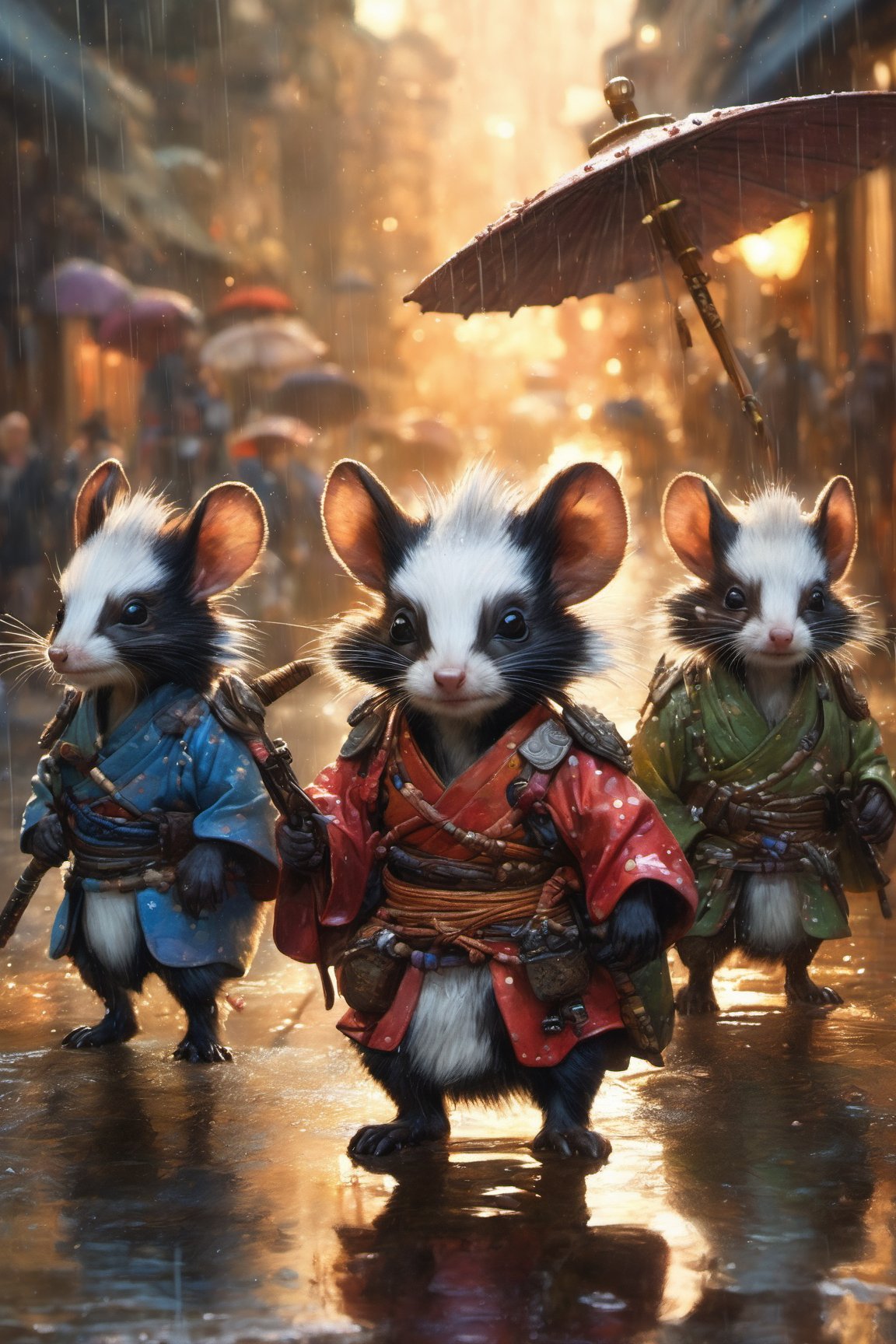 Hyper-detailed  painting, Jean-Baptiste Monge style, a gang of cutesamurai little skunk gathered in the rain  under an samurai armor, splash, glittering, cute and adorable, filigree, lights, fluffy, magic, surreal, fantasy, digital art, ultra hd, hyper-realistic illustration, vivid colors,  UHD, cinematic perfect light,greg rutkowski