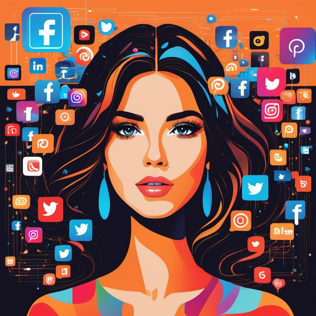 social media, mainstream media, influencers, ai, woman face, black background.