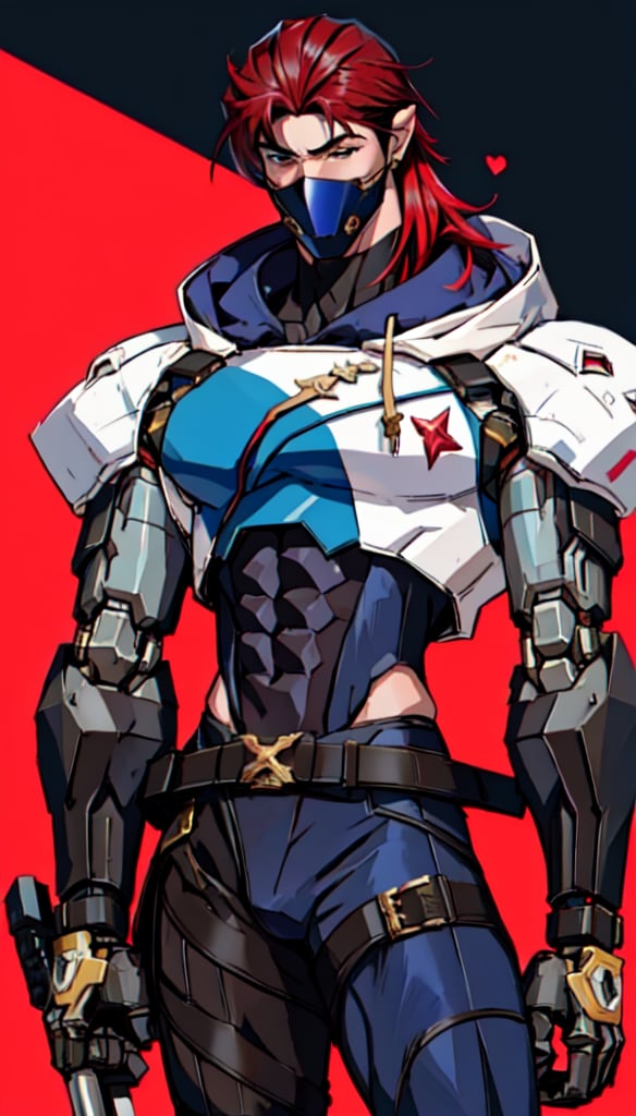 1 male, pelvic, (perfect hip, narrow waist, curvy waist:1.2), mecha body, crimson skin, blue eyes, gentle, red hair, uniqueness, strength in diversity, mechanical parts, cropped hoodie underboob, shiny skin, glossy skin, blusing face, owl mask, melee_weapons, long hair, cybernetic_enhancements,vane /(granblue fantasy/),mecha musume,jubelian,Science Fiction, wing mecha