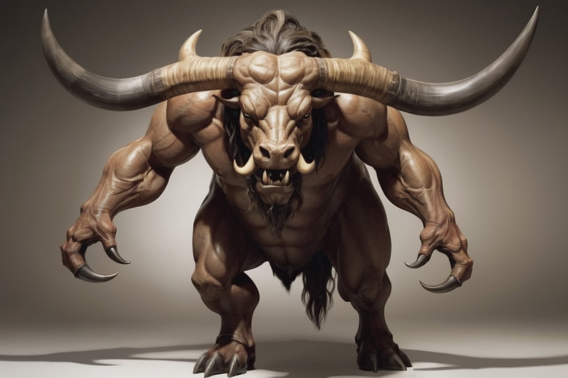 A nightmarish depiction of a minotaur:2.0, its bull-like head:0.6 melded seamlessly with its humanoid torso:0.6, and massive, hooved legs:0.8, all presented in the grotesque style of The Resurrectionist:1.0, emphasizing its monstrous proportions:0.7