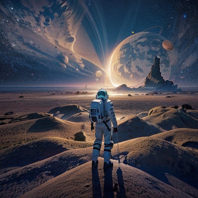 clear {{{masterpiece}}}, {{{best quality}}}, {{{ultra-detailed}}},  {3D}, {8K}, {4K}, {illustration} planet surface scene based on game starfield, solo space man with intricate dirty white suit, red patches on shoulders and backpack.  Brown stripes on legs,neo-alien_nomad,scenery