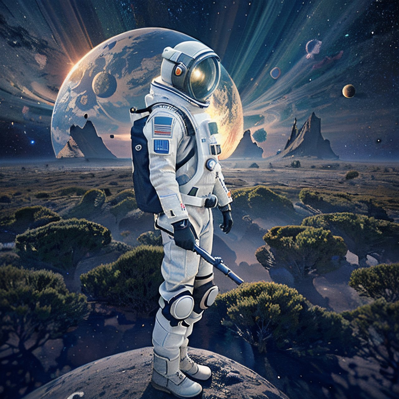 clear {{{masterpiece}}}, {{{best quality}}}, {{{ultra-detailed}}},  {3D}, {8K}, {4K}, {illustration} planet surface scene based on game starfield, solo space man with intricate dirty white suit, red patches on shoulders and backpack.  Brown stripes on legs,neo-alien_nomad,scenery