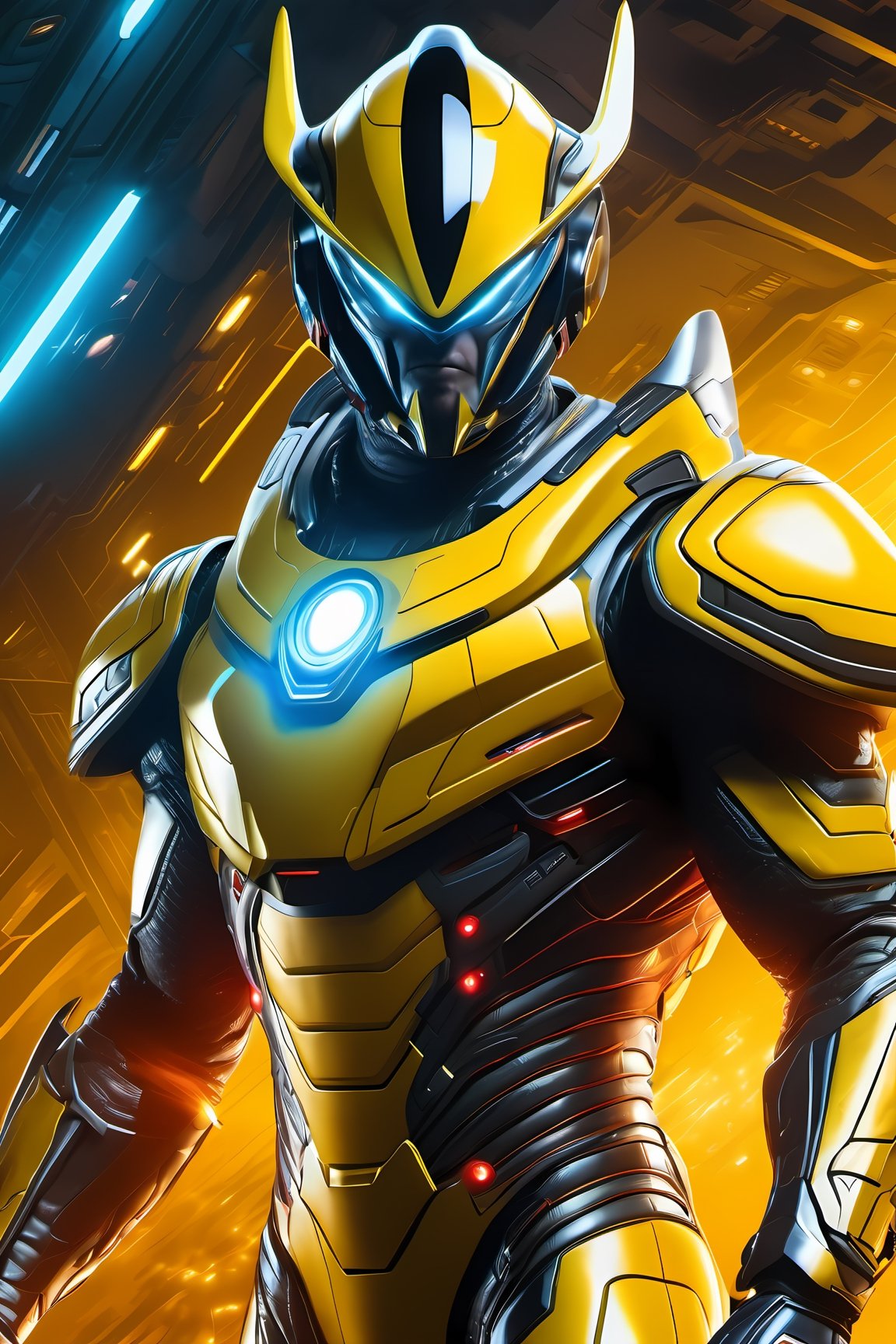 High-resolution, detailed close-up illustration, dynamic shot of a Goldrake from Ufo Robot movie, wearing a sleek and futuristic white and yellow with "V" logo glow red on chest of armored suit, powerful and confident stance, intense expression, glowing yellow eyes, red and blue arms, intricate details and textures on the suit, metallic armor plating with black and yellow accents, advanced technology integrated into the suit, glowing energy emitters, sci-fi background with a dynamic and futuristic setting, high-tech cityscape or alien landscape, vibrant and contrasting colors, flying vehicles or futuristic structures in the background, energy beams or particles adding to the sense of action and power.,Movie Still